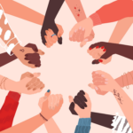 Grafik mehrere Hände verschiedener Hautfarben geben sich im Kreis die Hand